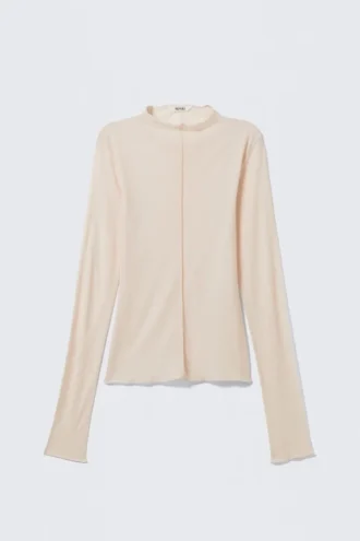 Langærmet top med slank pasform og høj hals – Beige