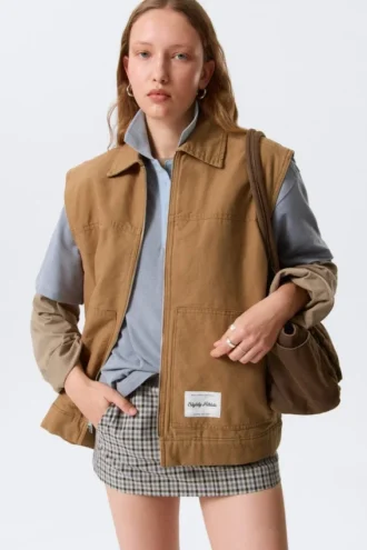 Let polstret canvas-vest med lynlås – brun