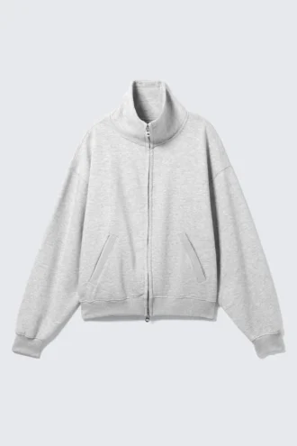 Løs cardigan med tragtformet hals og lynlås – grå melange