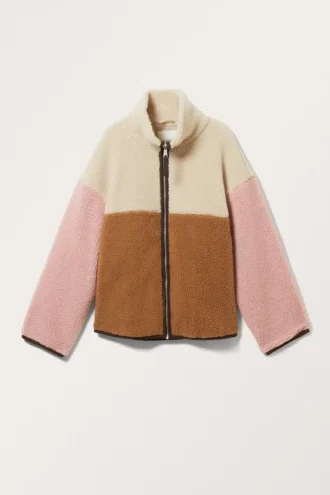 Løs fleecejakke med lynlås – beige/brun/lyserød