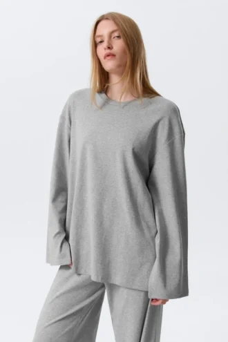 Løs langærmet jersey-top – grå melange