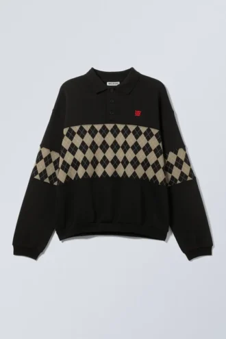 Løs med print-polo-sweatshirt – sort – argyle-indsats