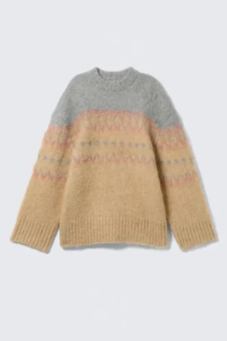 Løs pasform, blød striktrøje – beige/grå Fairisle