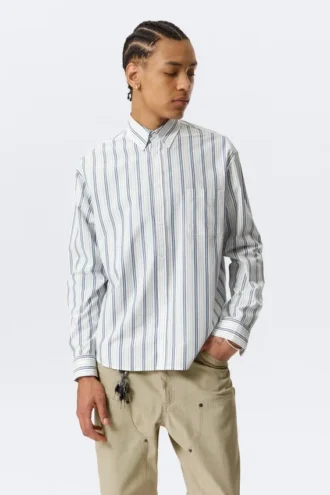 Løs poplin-skjorte med knapper – hvid – blå striber