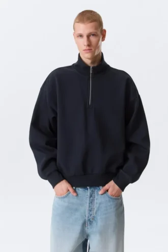 Løs sweatshirt med halv lynlås – mørk marineblå