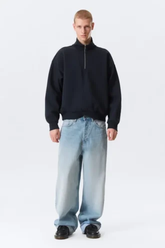 Løs sweatshirt med halv lynlås – mørk marineblå