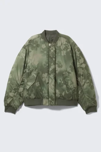 Løs vendbar bomberjakke – mørk khaki – blomsterprint